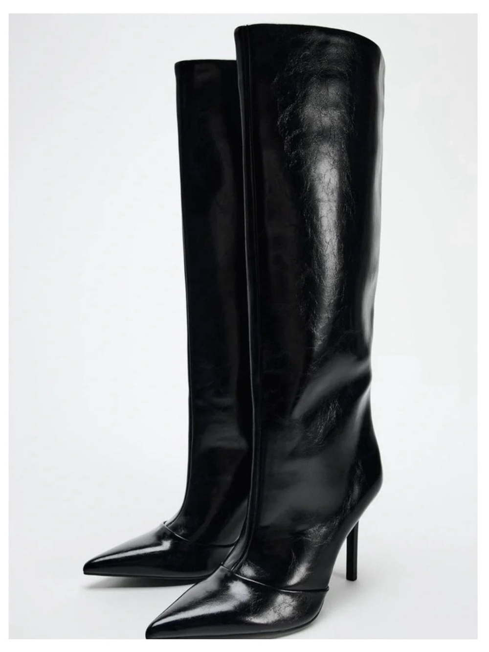 ZARA Women's Black Pointed-Toe High Leather Heeled Boots